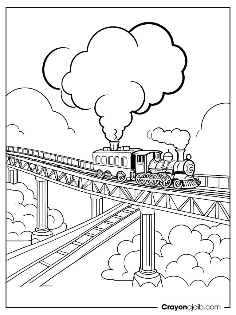 Whimsical train crossing over a bridge with puffs of steam ca