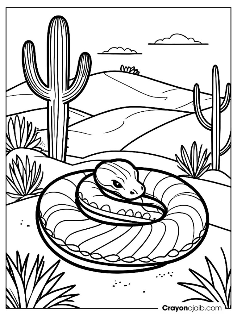 A single snake coiled up on the sand, with a few cacti in the background ca