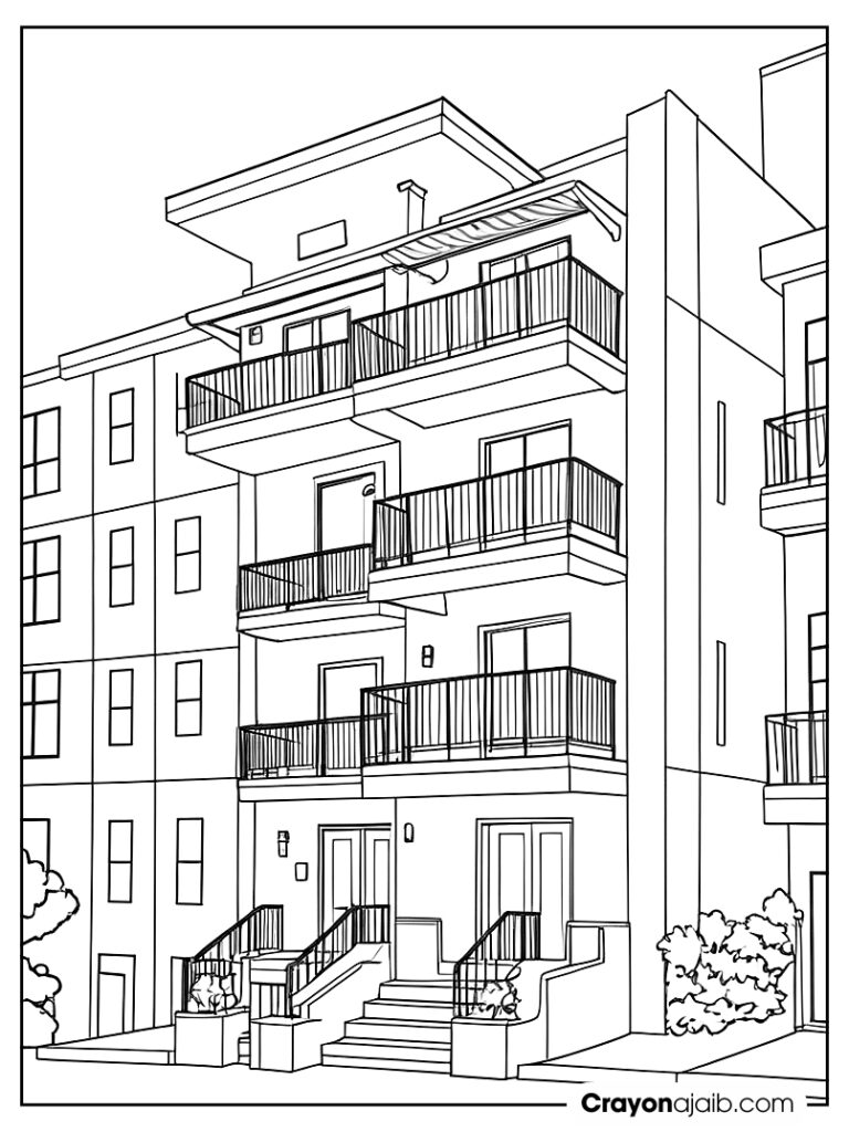 City building coloring apartment with balconies and entrance ca