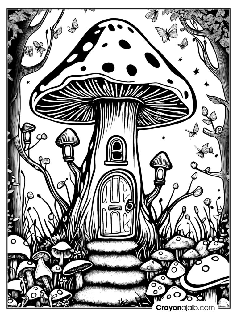 Color the magic printable fairy house coloring pages to download