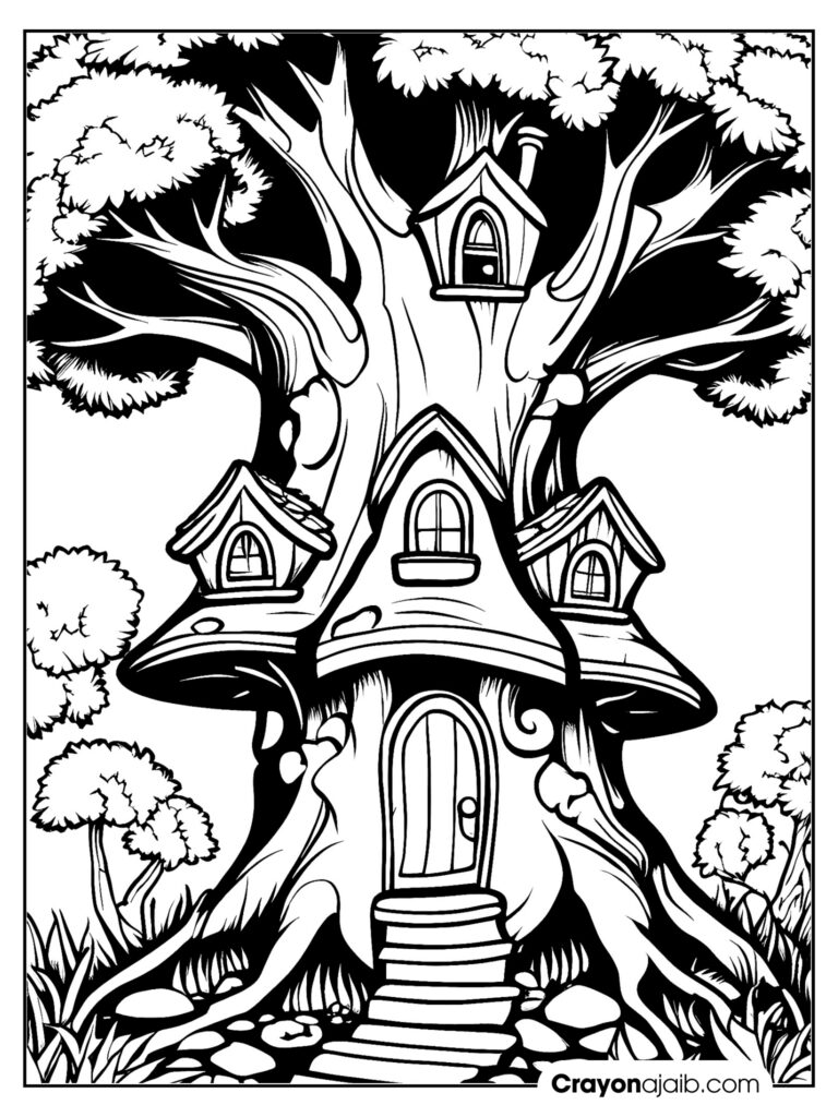 Dive into fantasy beautiful fairy house coloring pages to color