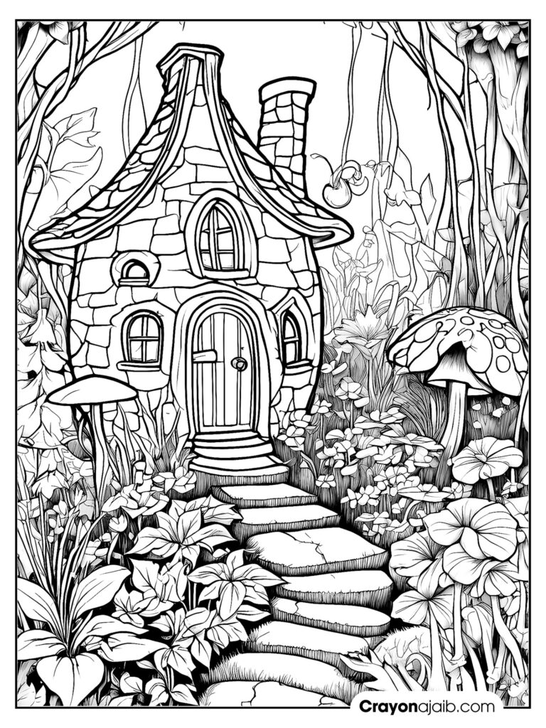 Explore fairy realms intricate fairy house coloring pages to enjoy