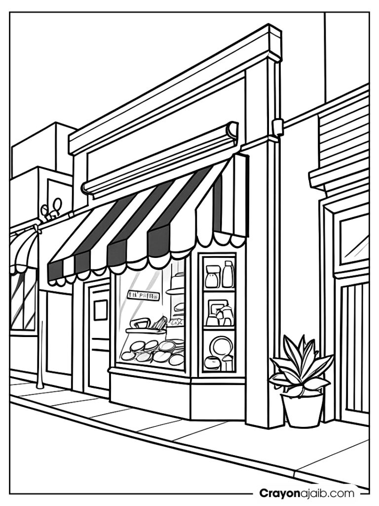 Small city corner shop with striped awning ca