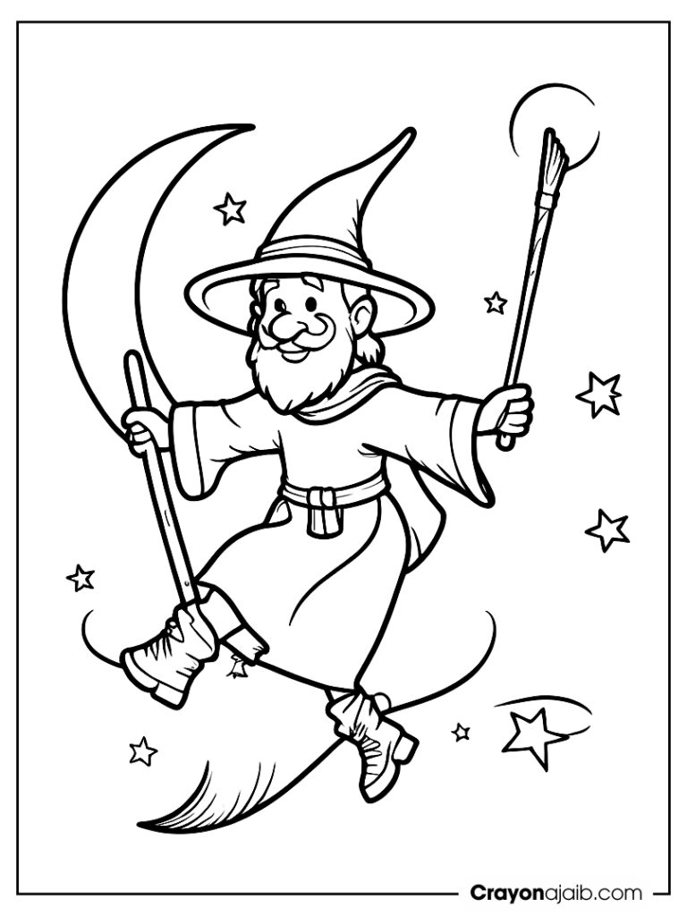 Wizard flying on broomstick under the moon crayonajaib