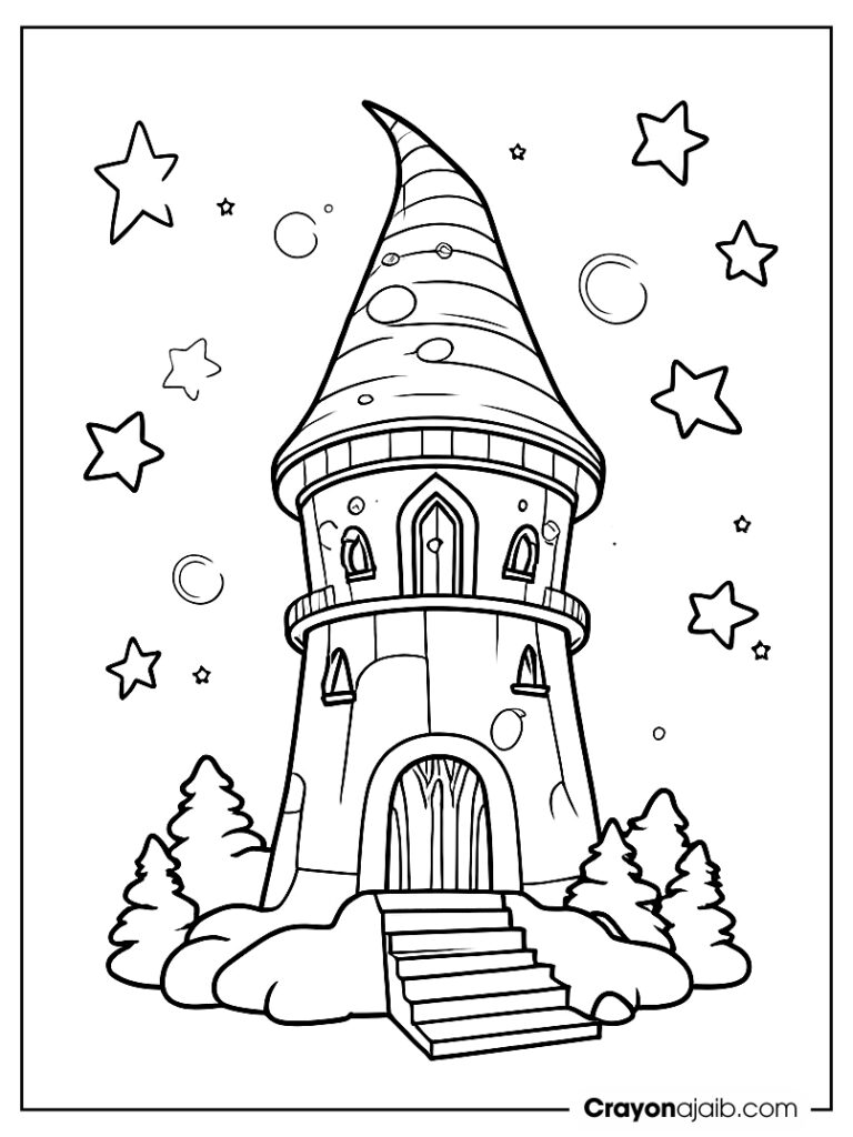 Wizard tower with magical hat and stars crayonajaib