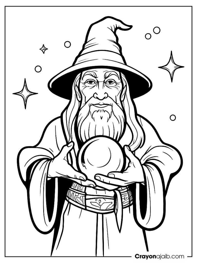 Wizard with crystal ball and floating orbs crayonajaib