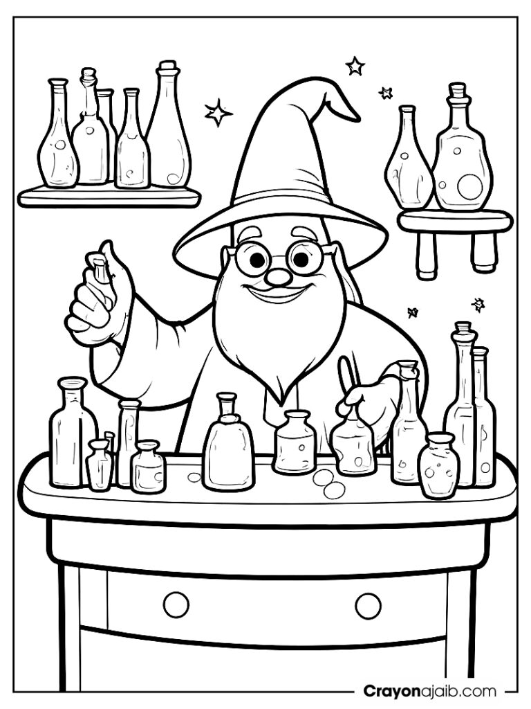 Wizard with potions and sparkling magic crayonajaib