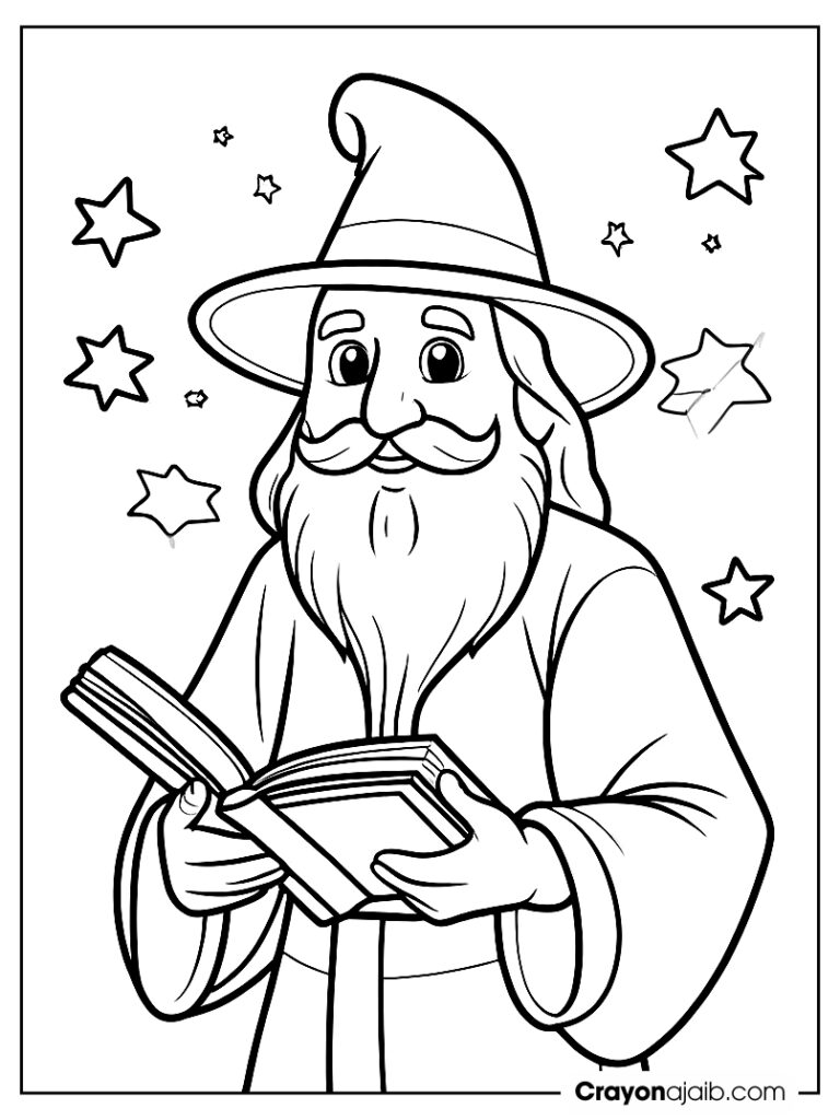 Wizard with spell book and stars crayonajaib