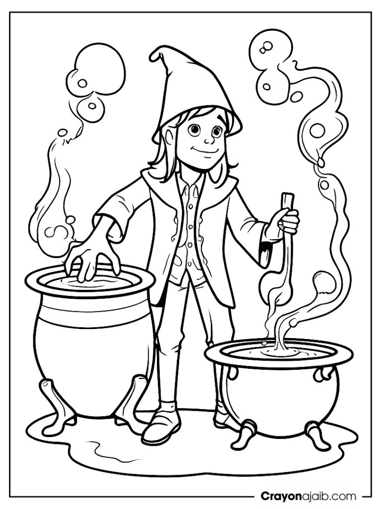 Young wizard and magical cauldron crayonajaib