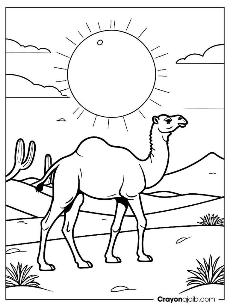 Camel walking in the desert with a large sun and minimal background details ca