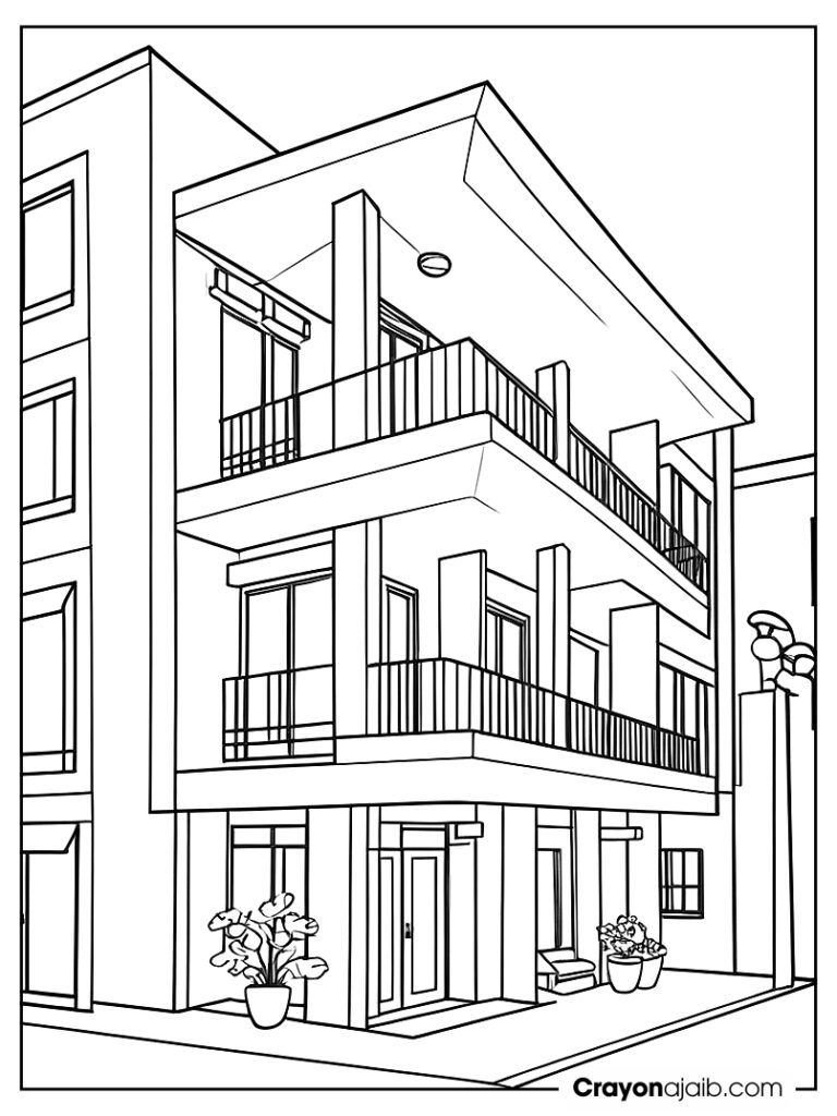 City apartment building with balconies and a front entrance ca