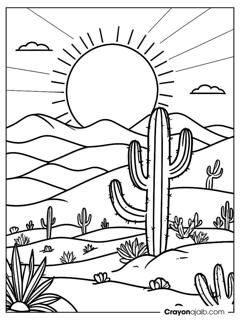 Desert landscape with a simple cactus, sun, and a few rolling hills in the background ca