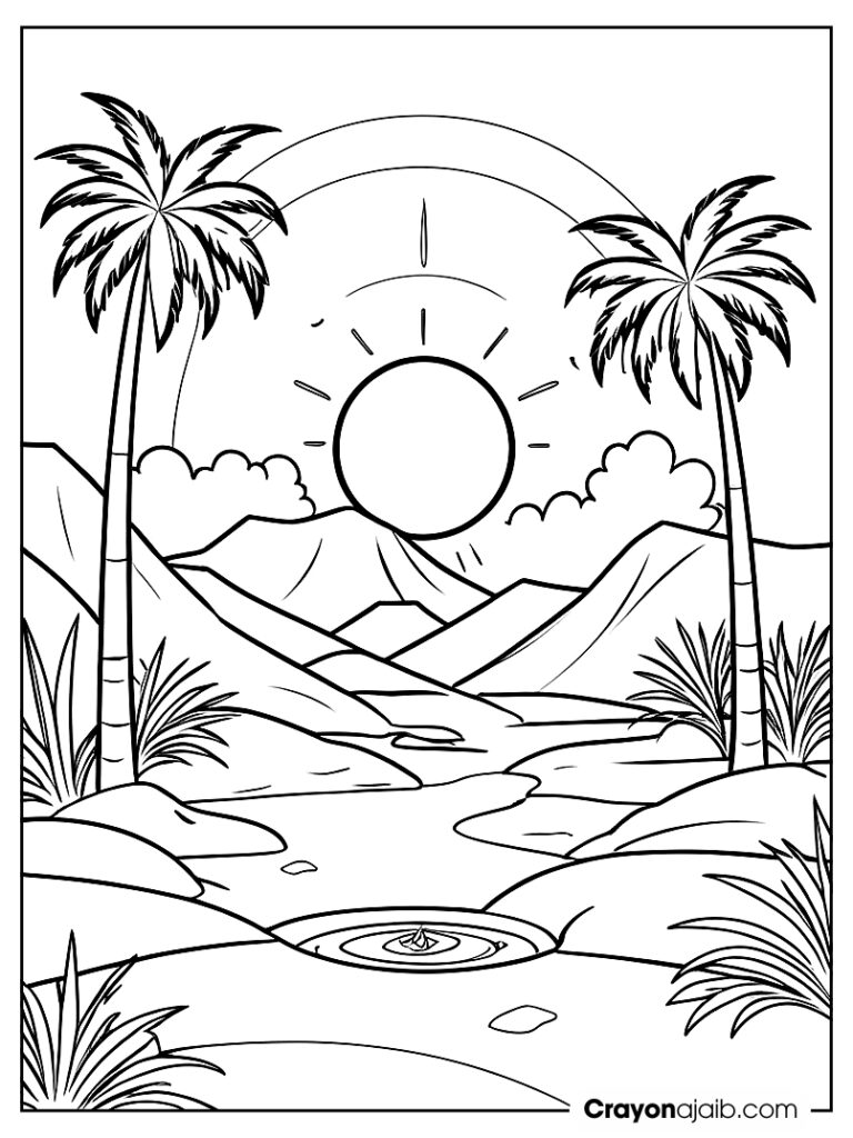 Desert scene with a simple oasis in the center, palm trees, and a sun overhead ca