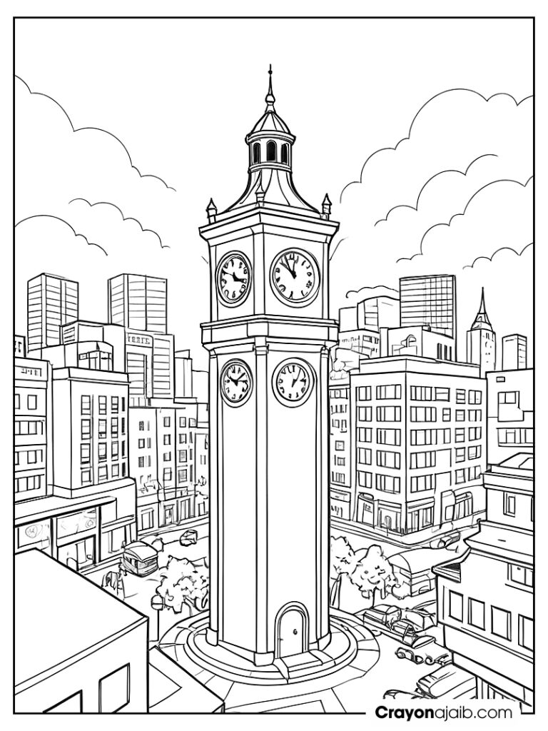 Ound clock tower in the center of a city block ca