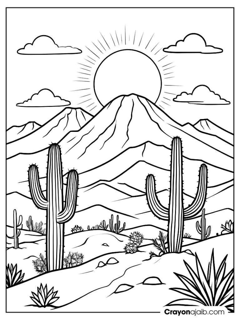 Simple desert with a distant mountain range, a large cactus in the foreground, and a sun in the sky ca