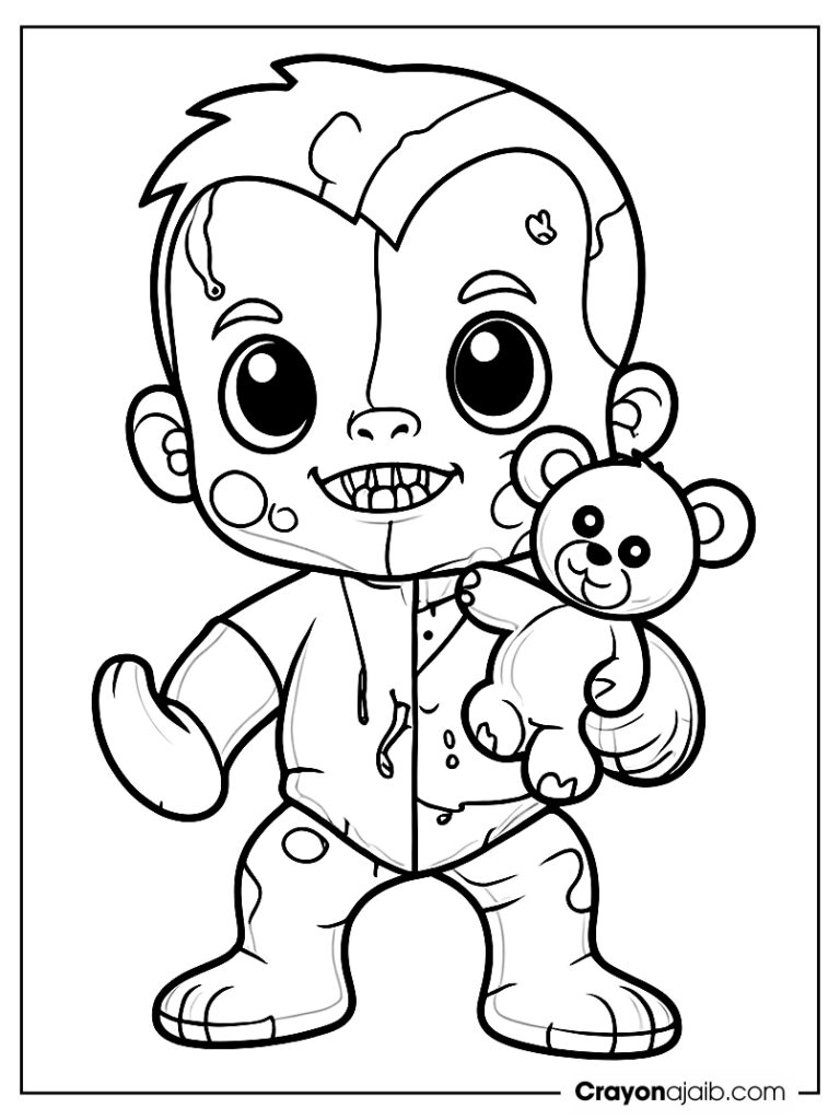 Baby zombie with teddy bear and stitched clothes ca