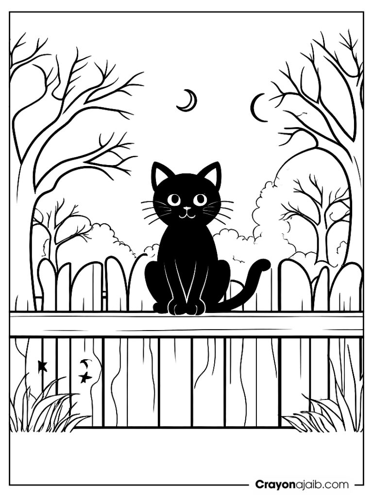 Black cat on fence under crescent moon ca