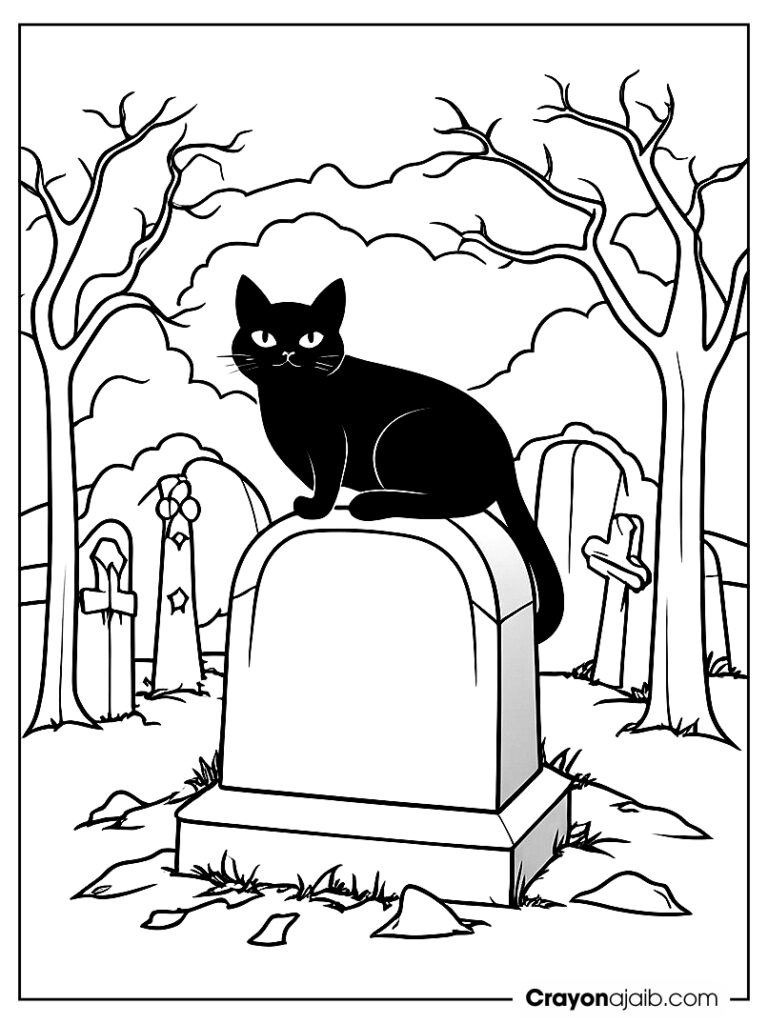 Black cat on gravestone with bat and spooky trees ca