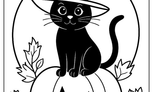 Black cat with witch hat on pumpkin under full moon ca