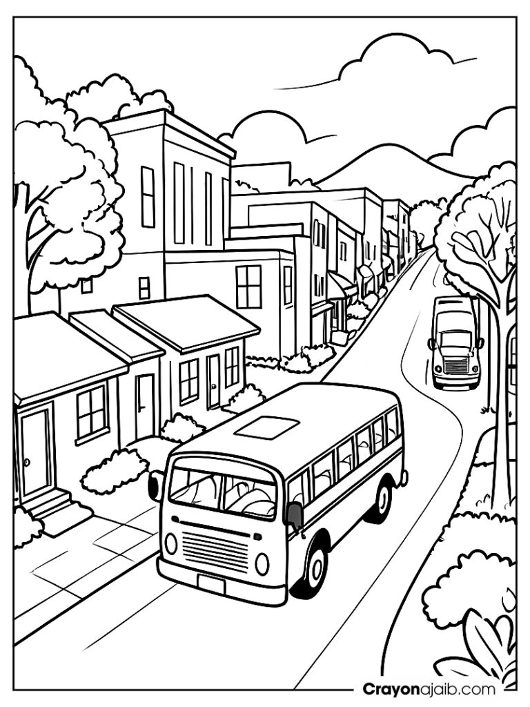 Bus driving through town for kindergarteners ca