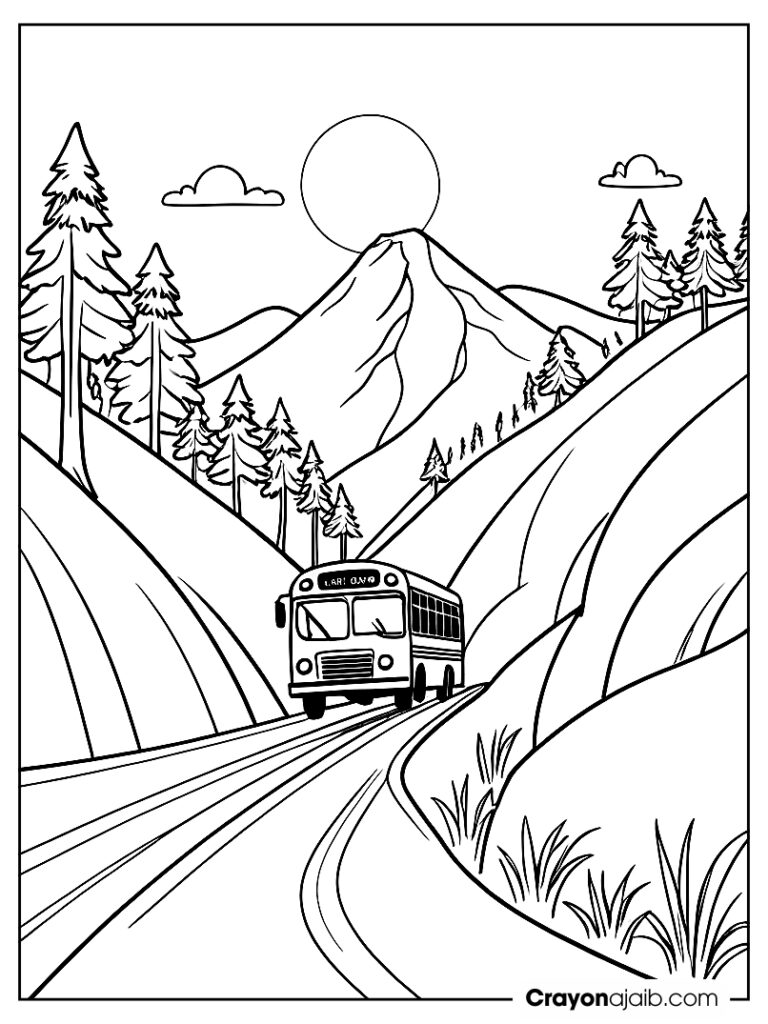 Bus driving on a mountain road for creative kids ca