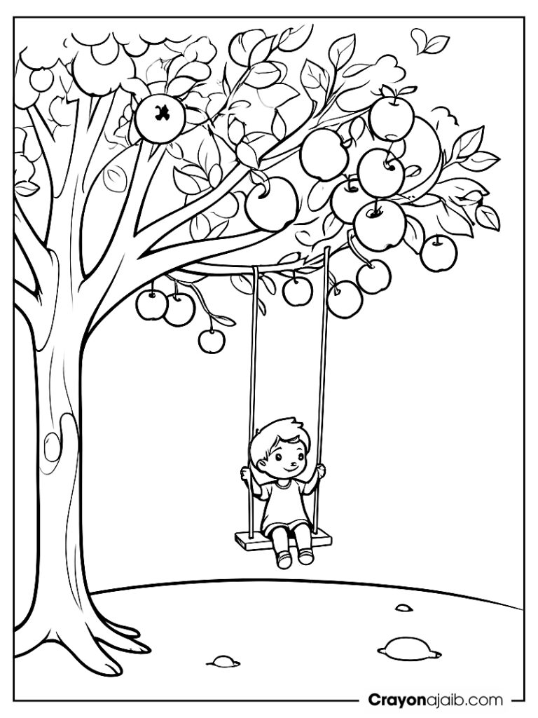 Child playing on swing with apple tree coloring page ca