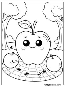 Coloring page of apple with ants at a picnic ca