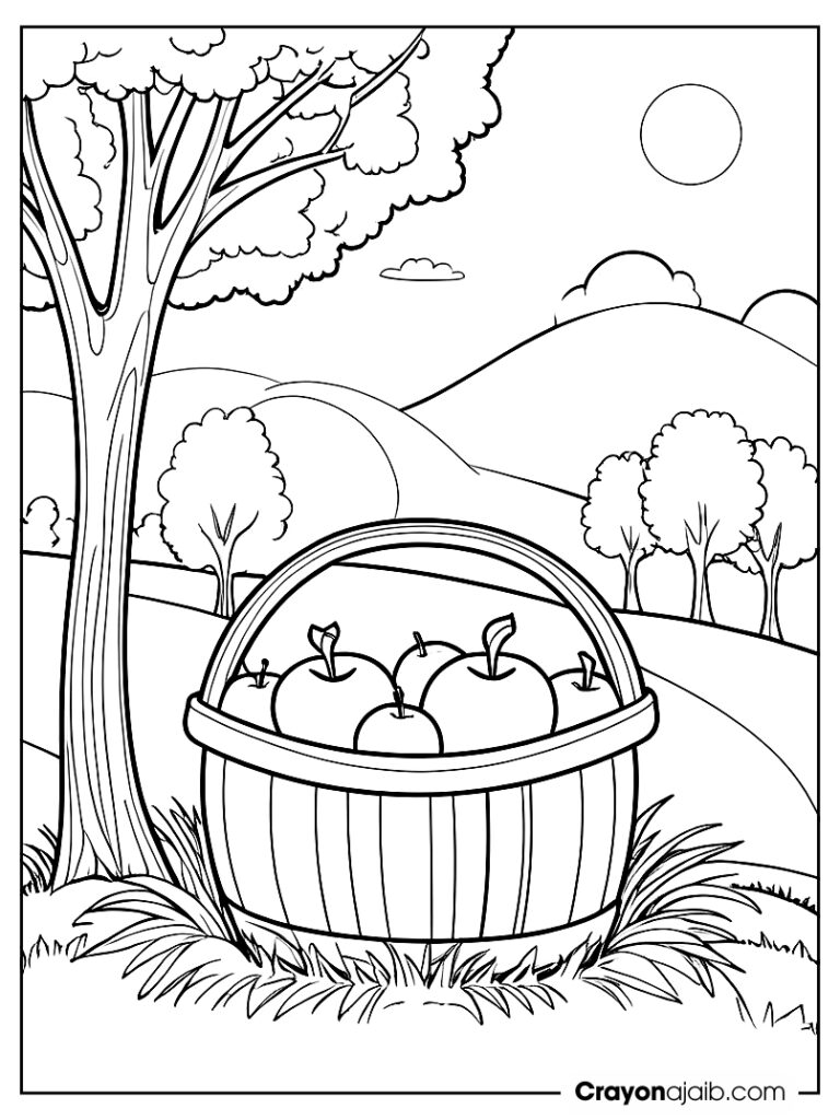 Countryside apple basket scene coloring page ca