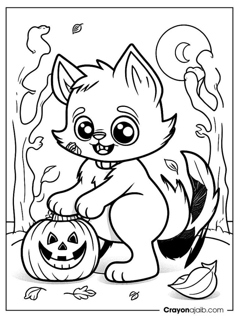 Cute werewolf with black cat and jack o' lantern ca