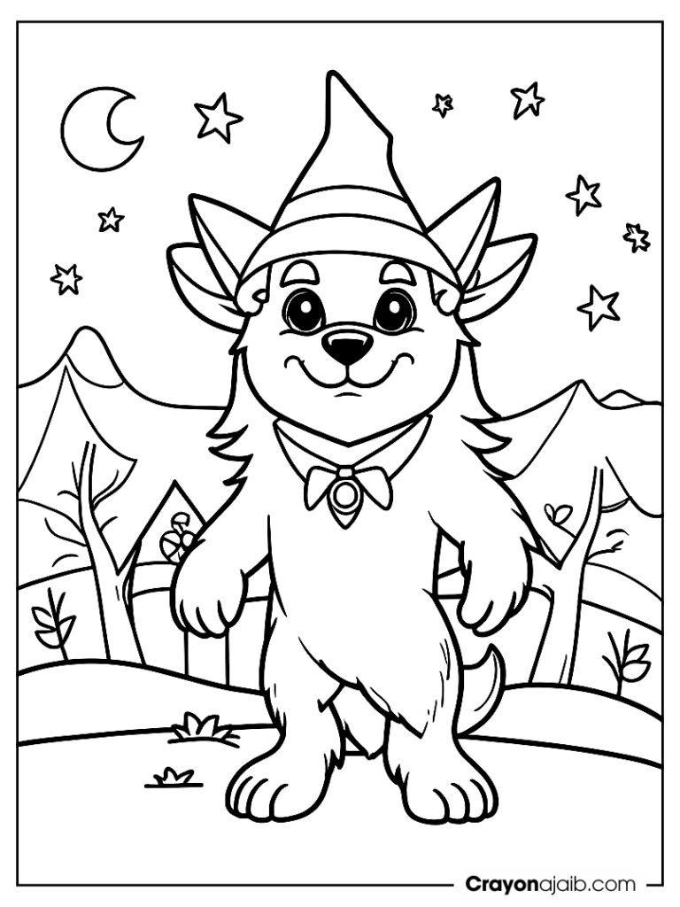 Cute werewolf with witch hat under full moon ca