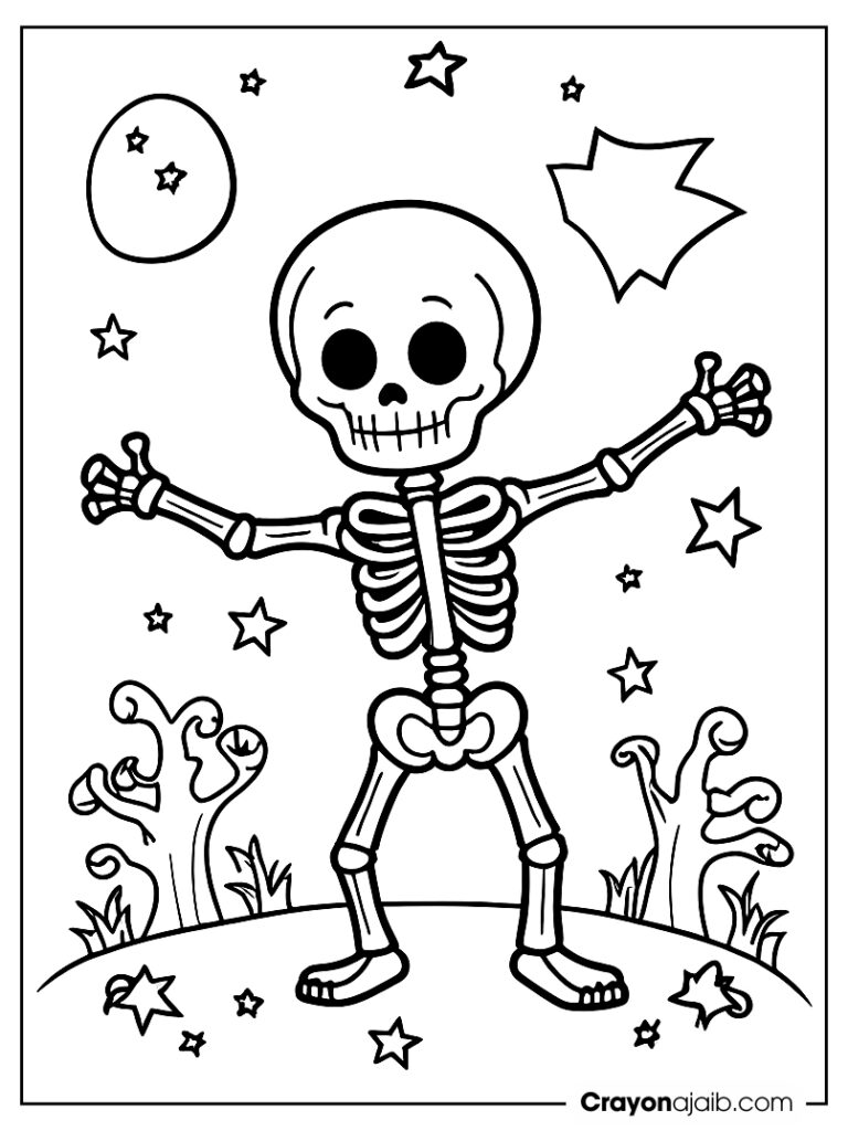 Dancing skeleton with halloween doodles crayonajaib