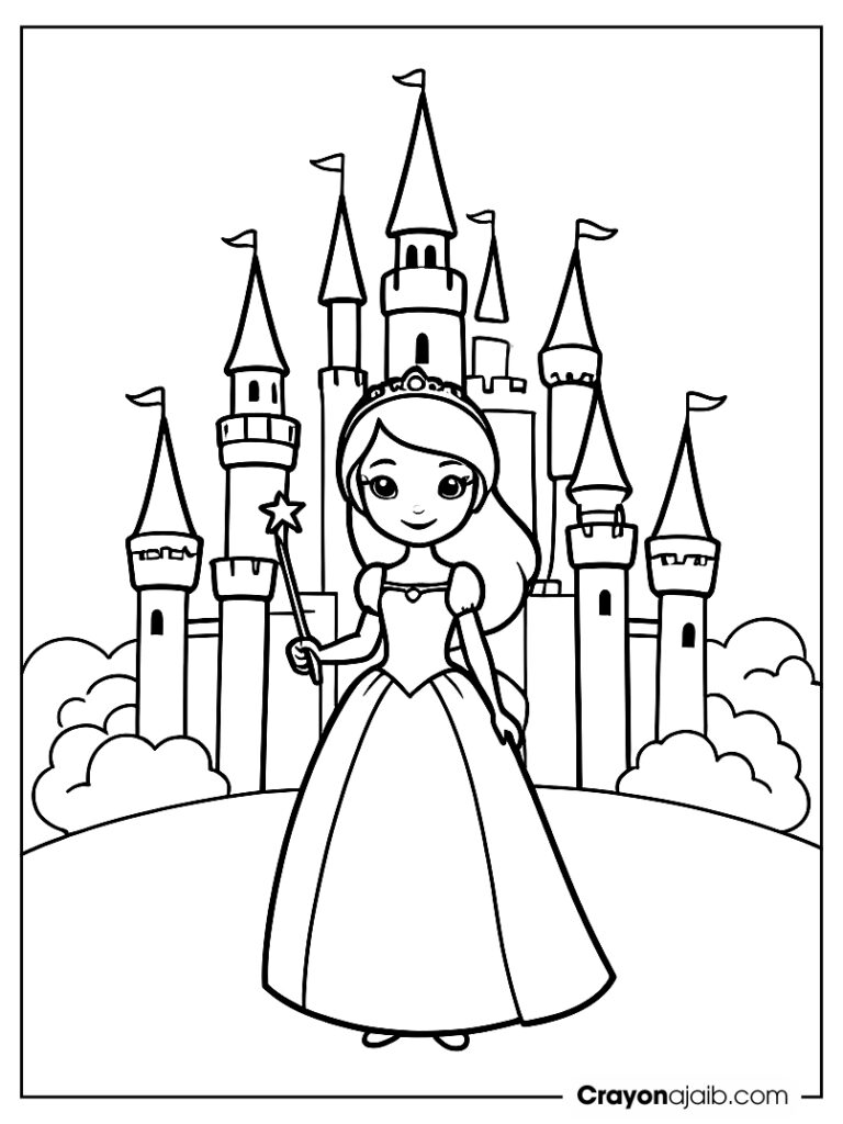 Easy princess and castle coloring page ca