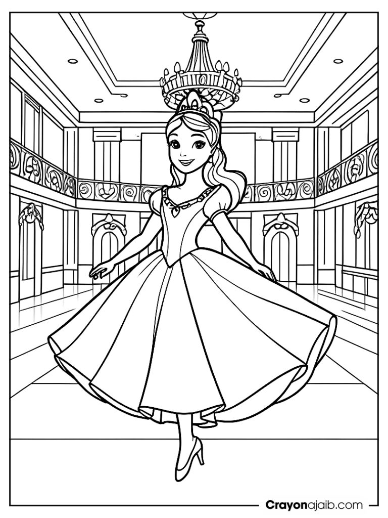 Easy to color princess in ballroom page ca