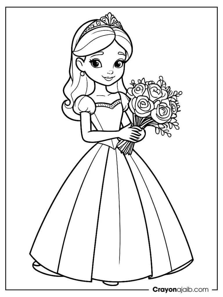 Easy to color princess with flowers page ca