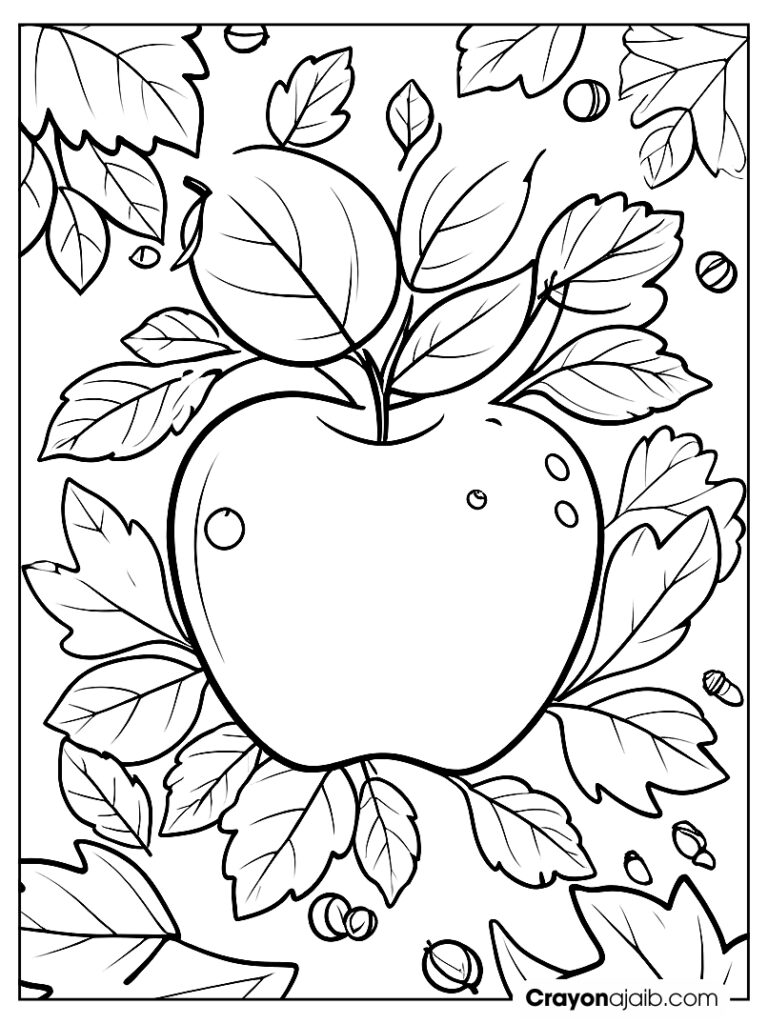 Fall apple and leaves scene coloring page ca