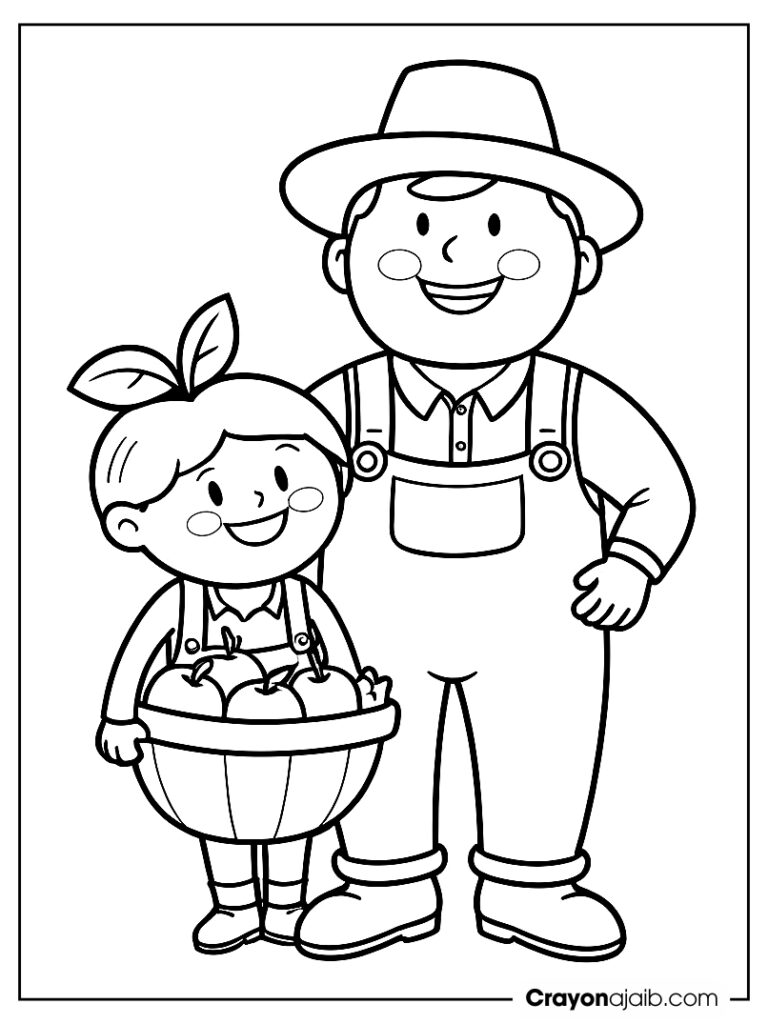 Friendly farmer and apple coloring page ca