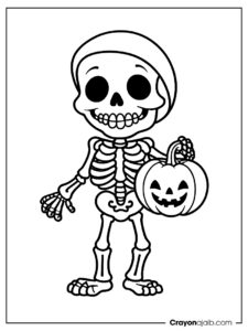 Friendly skeleton holding a pumpkin crayonajaib