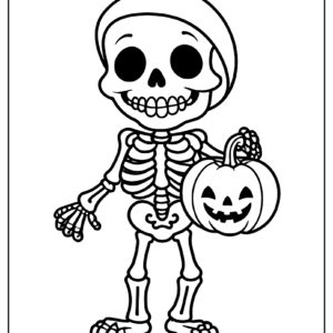 Friendly skeleton holding a pumpkin crayonajaib