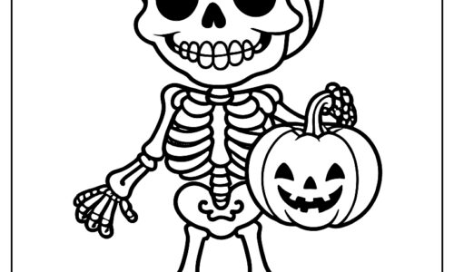 Friendly skeleton holding a pumpkin crayonajaib