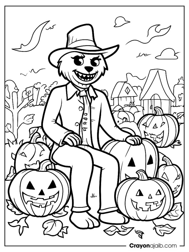 Friendly werewolf in pumpkin patch with scarecrow ca