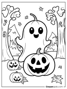 Ghost popping from halloween pumpkin in haunted forest crayonajaib