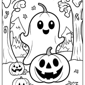 Ghost popping from halloween pumpkin in haunted forest crayonajaib