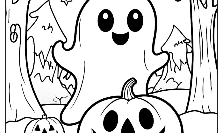 Ghost popping from halloween pumpkin in haunted forest crayonajaib