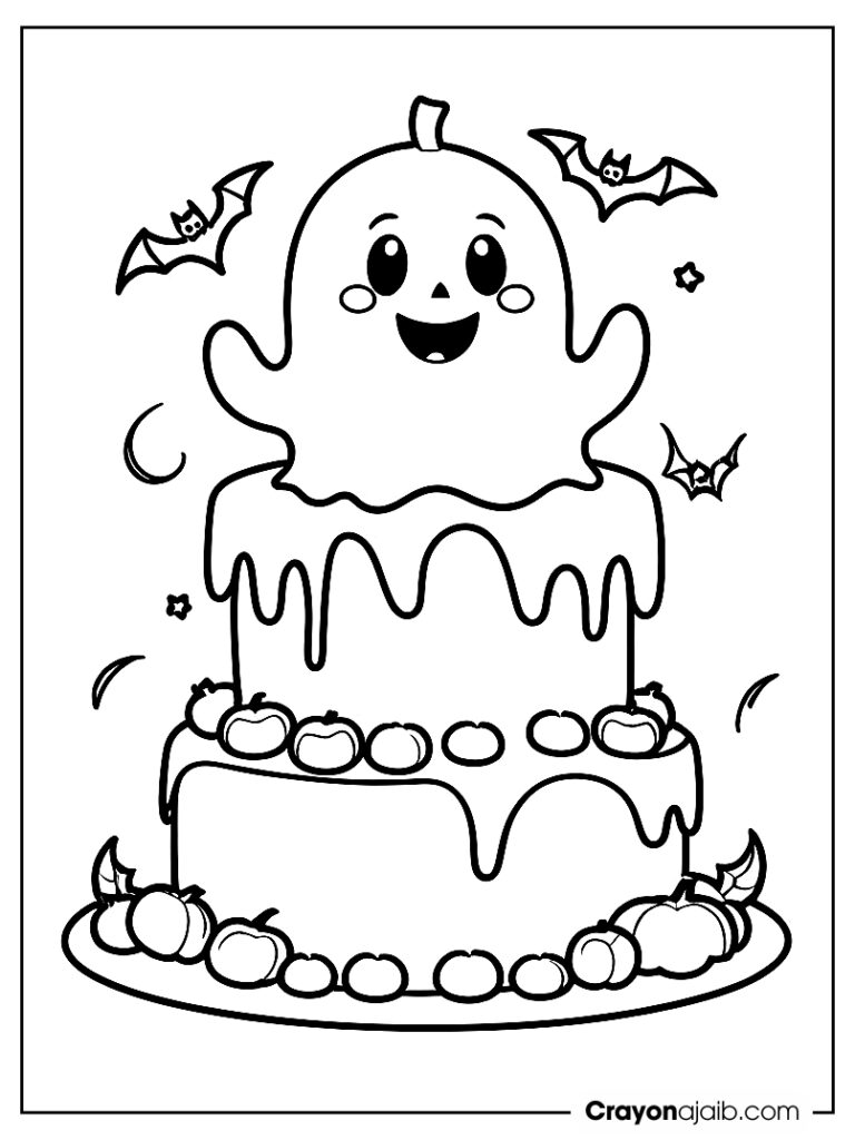 Ghostly halloween cake with candy coloring page ca