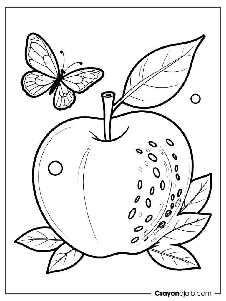 Half apple with butterfly coloring page ca