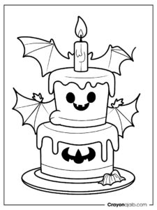 Halloween cake with bats and ghost coloring page ca