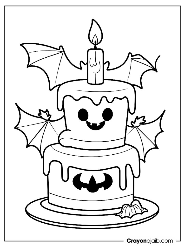 Halloween cake with bats and ghost coloring page ca