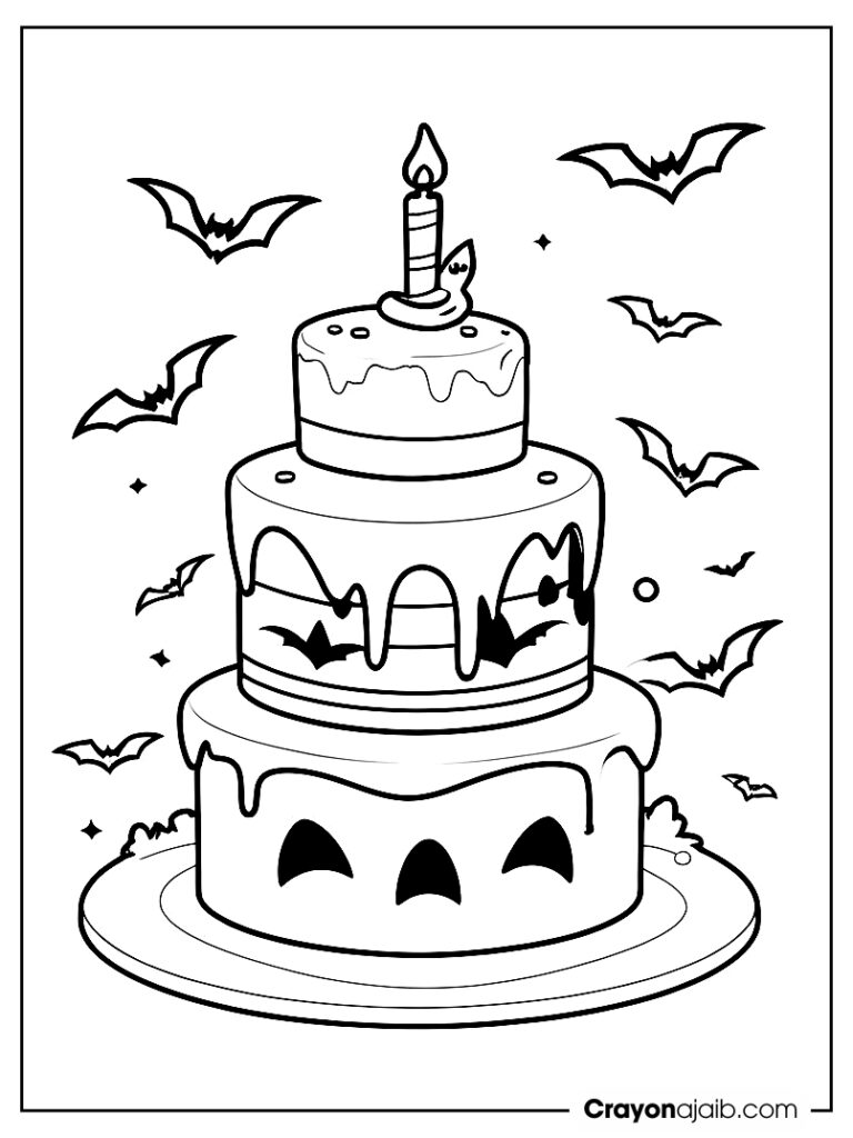 Halloween cake with bats and pumpkins coloring page ca