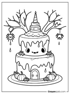 Halloween cake with bats and spider coloring page ca