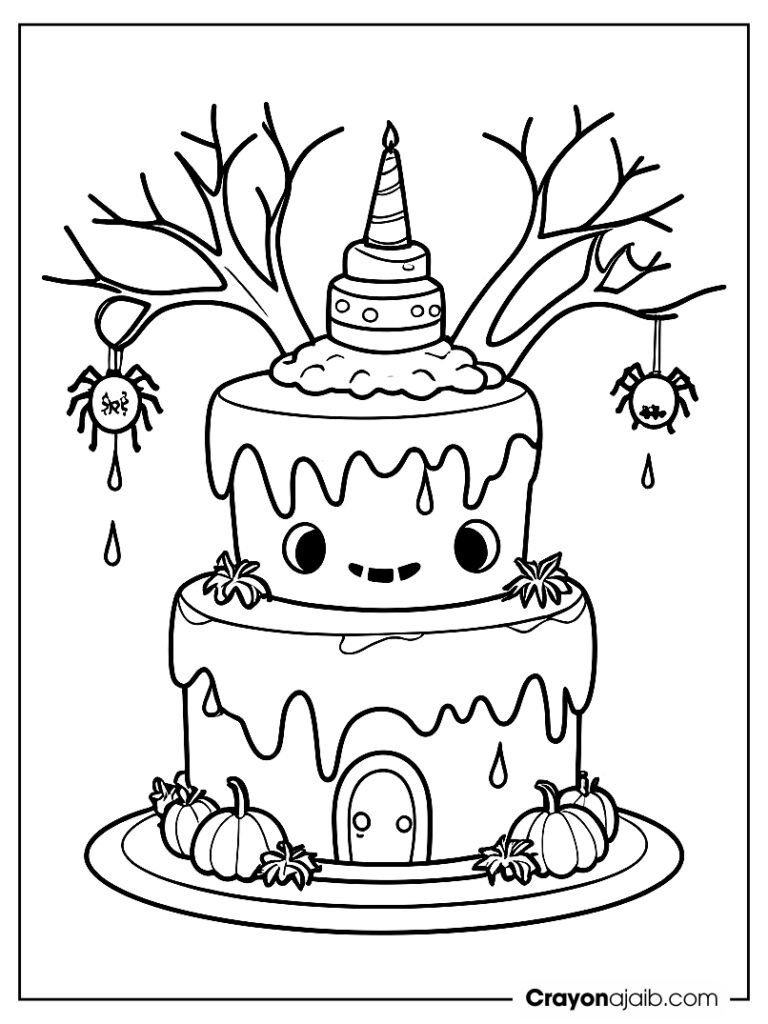 Halloween cake with bats and spider coloring page ca